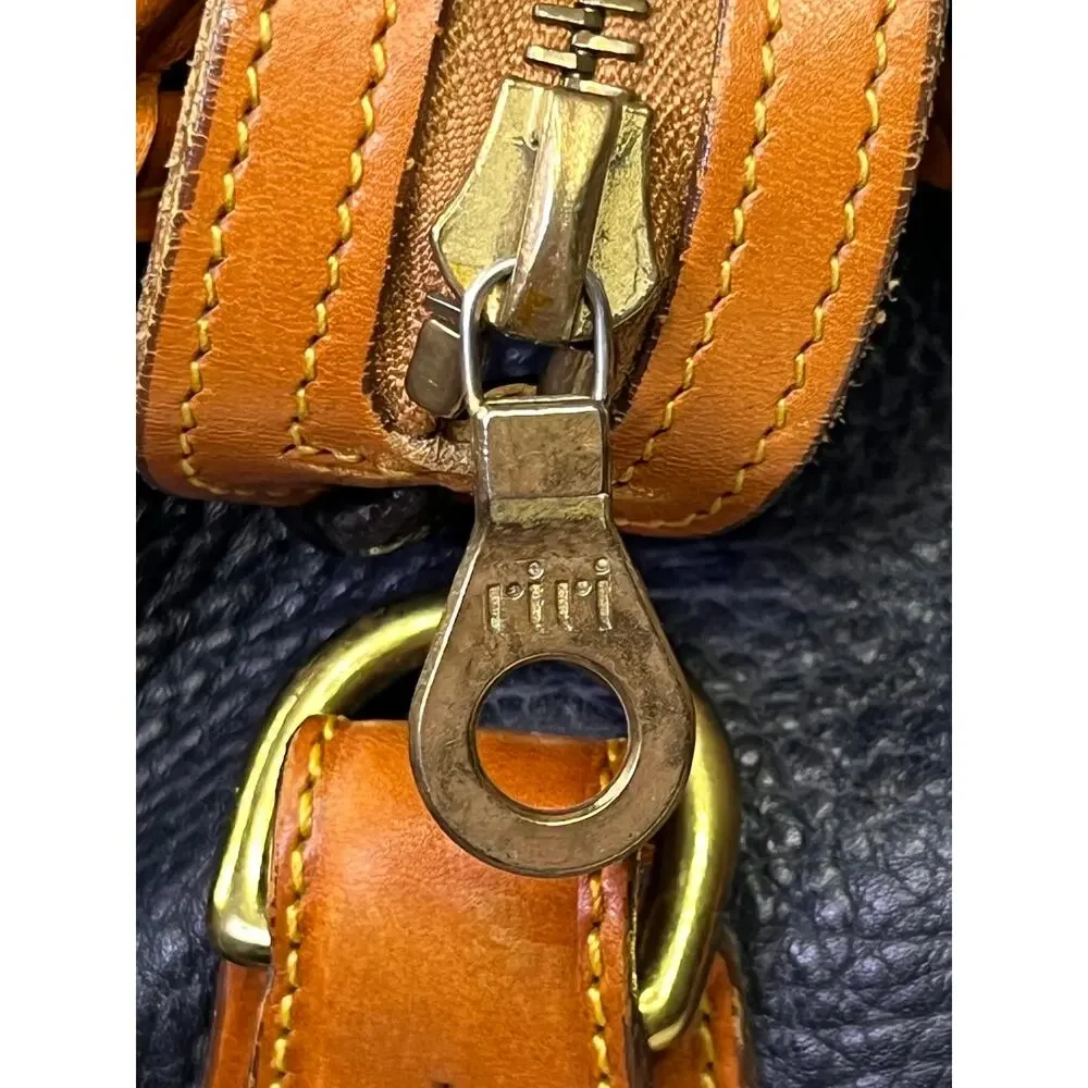 Vintage Dooney & Bourke AWL Navy British Tan Leather Barrel Satchel USA